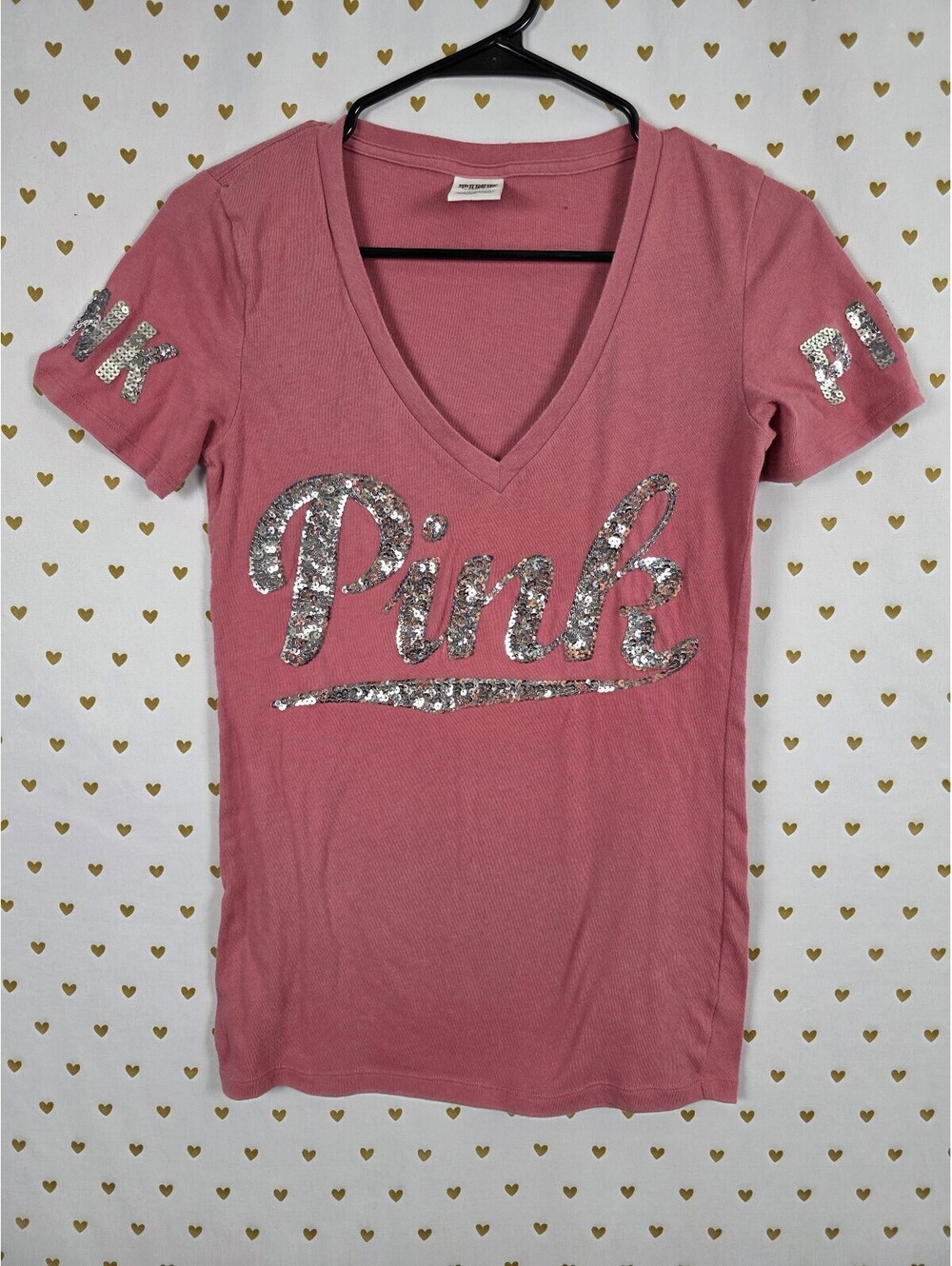 Victorias Secret PINK V neck Sequined Bling Tee shirt Small